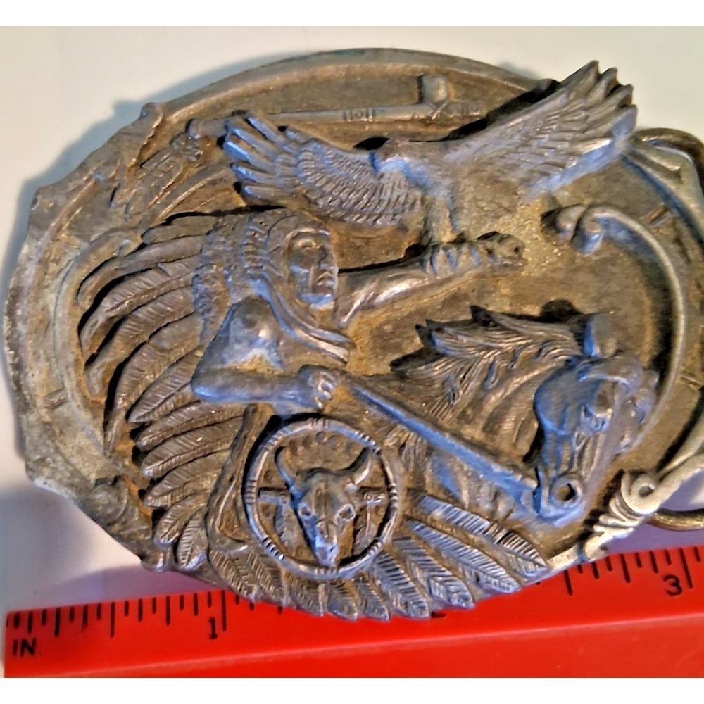 VINTAGE 1989 ARROYO BUCKLE CO CHIEF EAGLE FEATHER MENS BELT BUCKLE